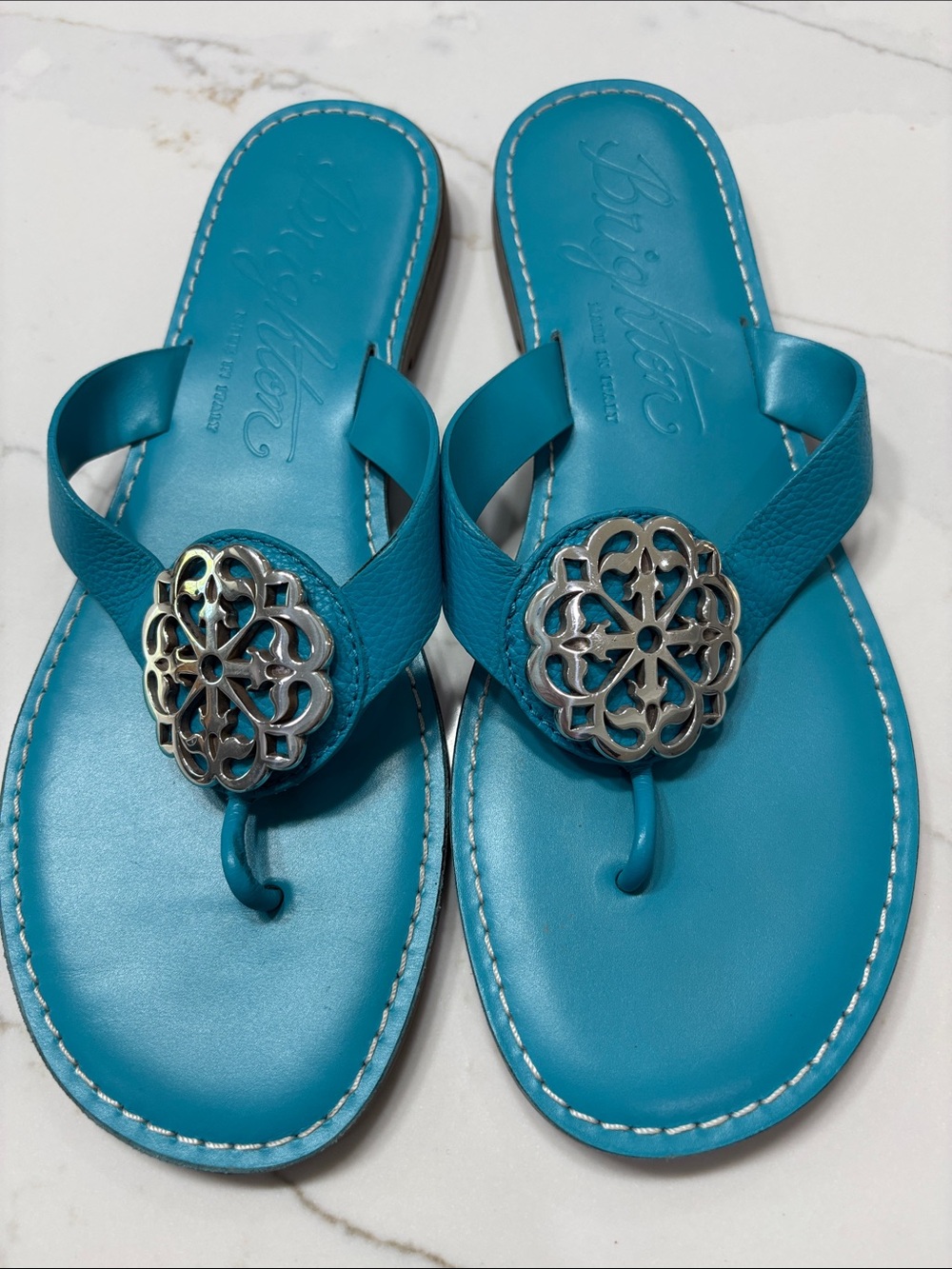 Brighton Turquoise Leather Thong Sandals with Silver Medallion